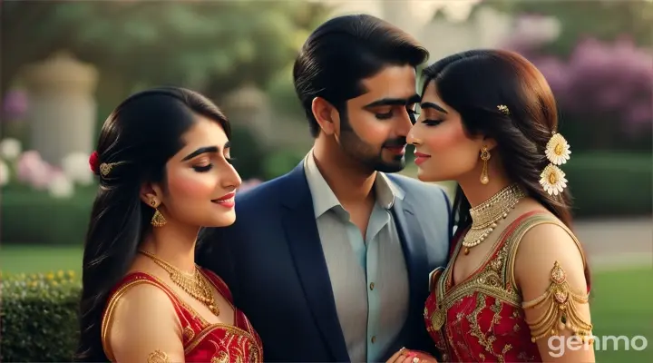 A beautiful Pakistani modern couple having a heartfelt conversation in a beautifully decorated garden.