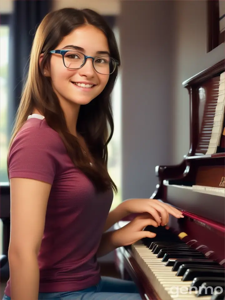 A 25-year-old girl, wears glasses, loves sports,  and playing the piano.