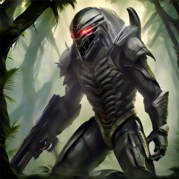 “Create a 30-second video of a powerful and intimidating Predator. Show the Predator in a dynamic and imposing pose, highlighting its advanced armor and technology. Use dark, atmospheric jungle or alien landscape as the background. Add dramatic lighting and effects to emphasize the Predator’s fierce presence.”, advertising style