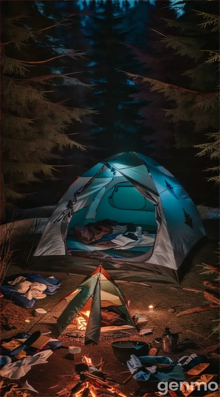 a tent is lit up by a campfire