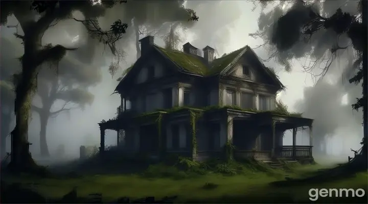 An old, dilapidated house in the middle of a dark, thick forest. The house appears abandoned, with broken windows, a partially collapsed roof, and overgrown vines creeping up the walls. The sky is overcast, and the forest around the house is filled with eerie mist.