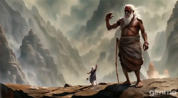 Rajju, with a fearful yet defiant expression, facing the apparition of Bhairavnath. The old man raises his hand, and the air around him seems to ripple with an unnatural energy. The temperature drops visibly, with a light mist forming around Rajju's feet.