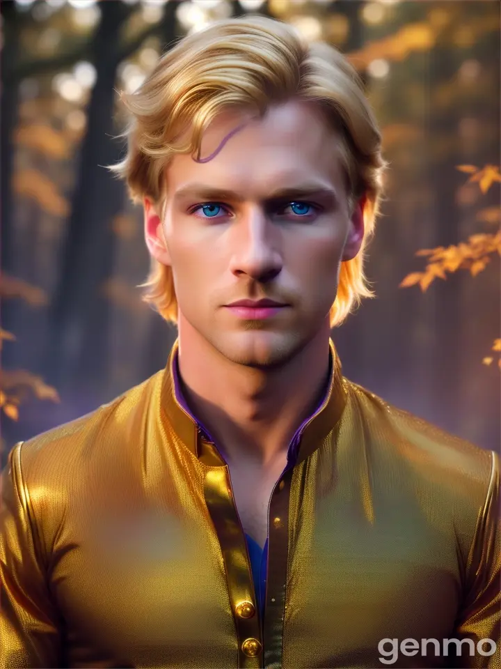 Portrait of a blond man in a golden-purple glowing shirt looking at the camera alone, slightly turning his head left and right, against the backdrop of a fairytale golden forest with flying shining fairies.