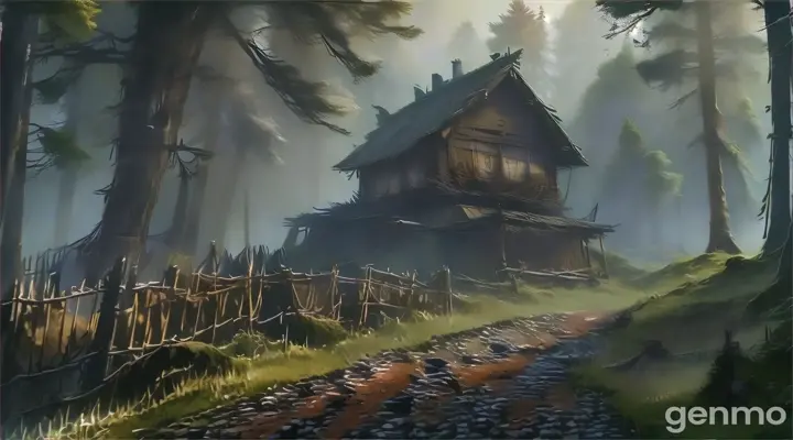 The image of villagers putting up barriers or wooden boards around Malin Kuti, with expressions of fear and caution. The forest seems to encroach even closer to the house, with mist swirling around, making the scene look more ominous.