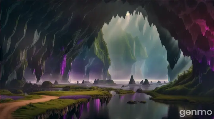 A mysterious, misty gorge surrounded by lush greenery, leading to a glowing cave with purple crystal stalactites and stalagmites