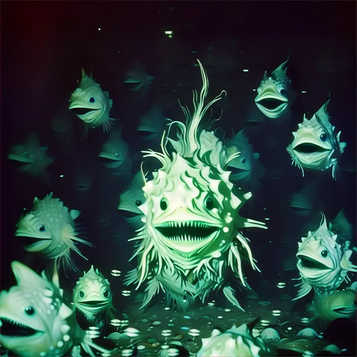  The fish creatures are swimming slowly toward the camera. Particles in the ocean are moving slowly. The camera has natural human movement. The light is flickering., advertising style
