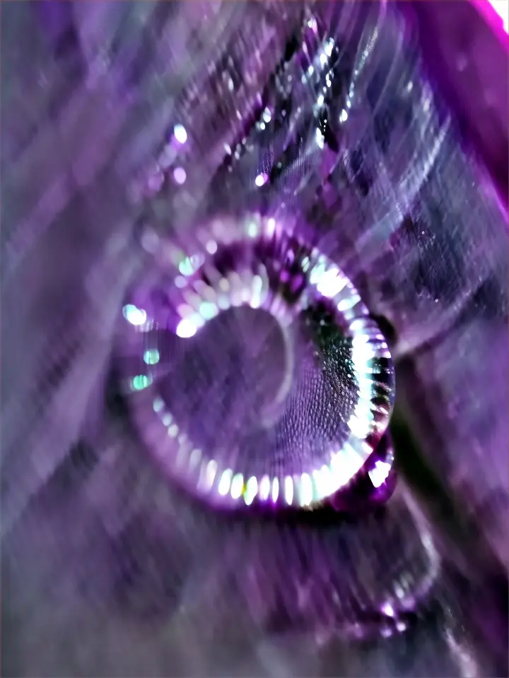 a close up of a water drop on a purple cloth. The light is going from right to left reflecting on the water drop.