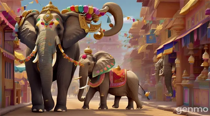 Here’s a prompt to create an illustration for the "Hathi Raja" song:

---

**Image Prompt:**

Create a colorful and whimsical illustration of a big, friendly elephant king, "Hathi Raja," walking through a lively, Indian marketplace. The elephant is wearing a decorative crown and a royal robe, with a gentle smile on its face. In one scene, the elephant is enjoying a plate of pakoras and dal, with a playful expression as he tastes the food. Surrounding the elephant, small children are dancing and playing, laughing with joy. The market is vibrant, filled with colorful stalls, hanging decorations, and happy vendors. In another part of the image, the elephant is seen dozing off under a large banyan tree, with a tiny bird (Chapki) chirping on a branch above, waking him up with the sound of a drum (baja) in the background. The overall atmosphere is joyful and filled with lively colors and patterns, capturing the playful nature of the song.

---

This prompt should guide an artist to create an engaging and lively illustration that matches the spirit of the song.