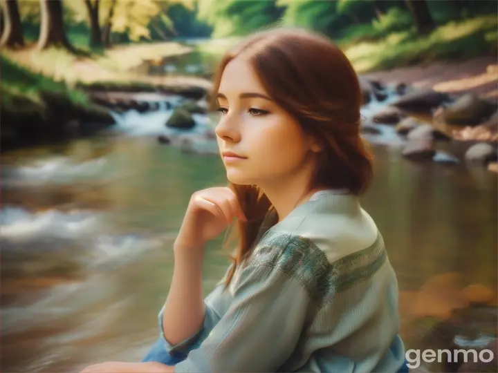 Woman thinking and seating near river 