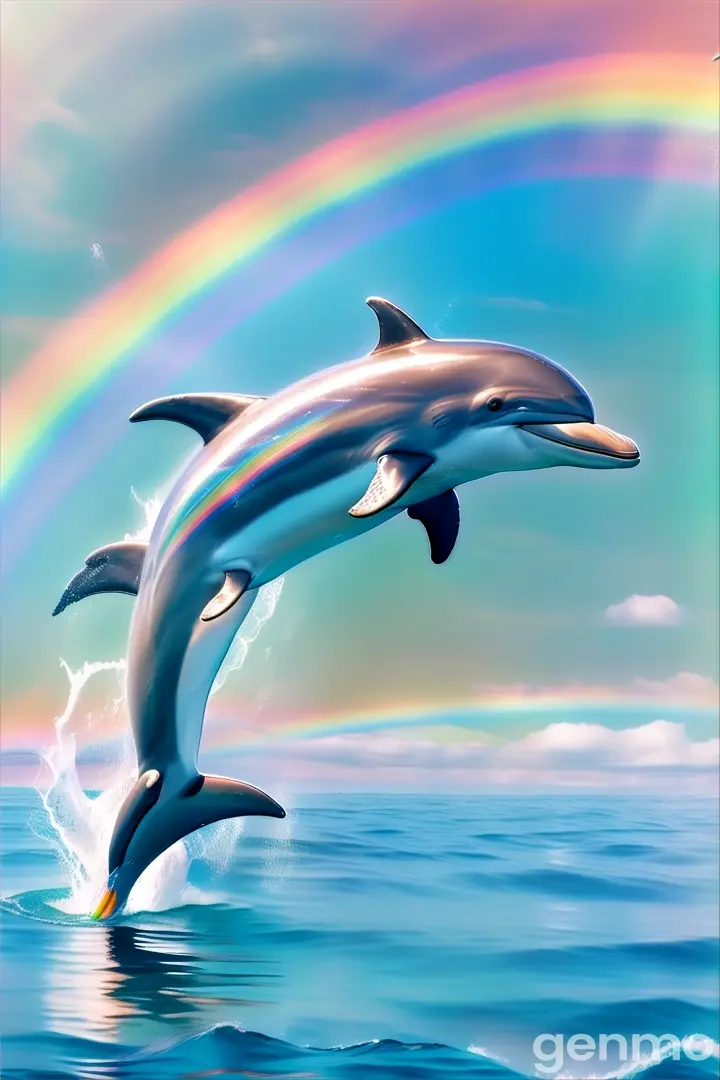 a dolphin jumping out of the water with a rainbow in the background