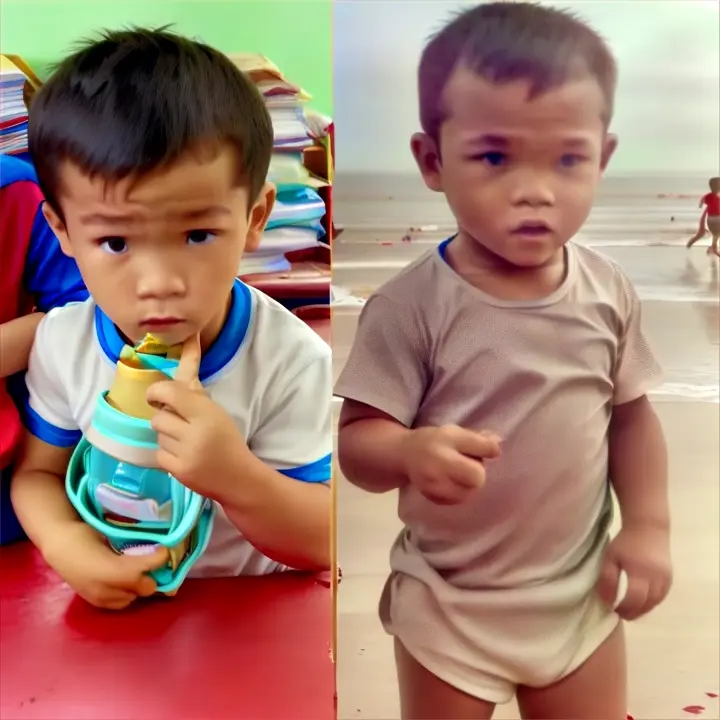 the kid on the left and the kid on the right turn their face to each other and have a good hug, advertising style