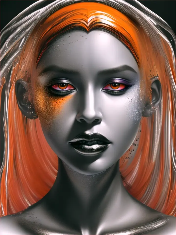 A hyper-realistic, 3-D detailed portrait of a young female with a paint pouring art style. Her skin is made of orange, silver, and black paint. The paint has an acrylic shine. The background is a white wall.
