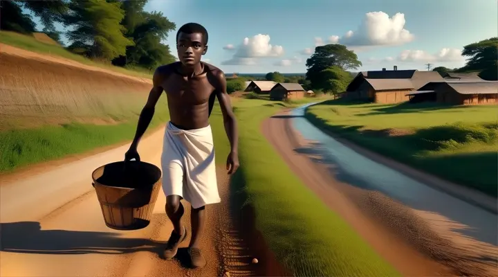 a man walking down a dirt road carrying a bucket