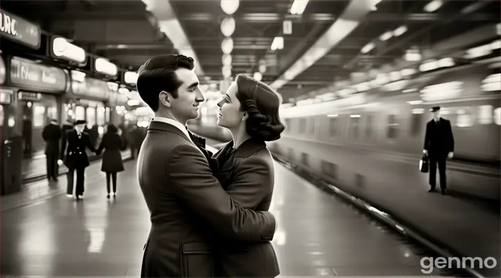 The couple meets at a train station, running toward each other just before the train leaves, finally