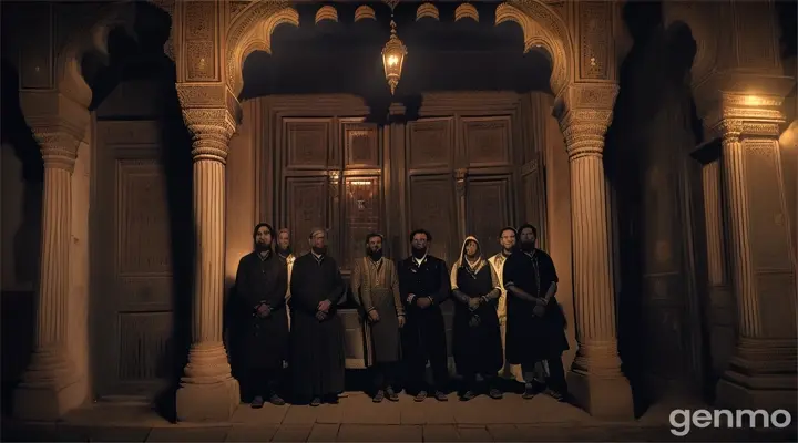 The group of friends standing at the entrance of the old haveli, pushing open a large, creaky wooden door. The scene is dark, with shadows cast by their flashlights as they step into the unknown. A large, dark hall inside the haveli with dusty, tattered furniture and strange, eerie paintings on the walls. The friends are seen shining their flashlights on the paintings, their faces showing a mix of fear and curiosity.