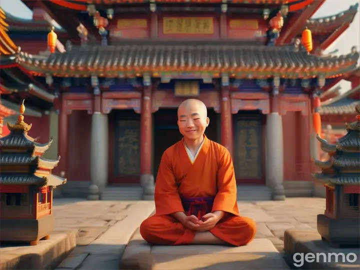 The cute and cute little monk, Chinese, has a virtual sense of the temple in the background, and the movements of the little monk are meditating, with bright eyes and a smiling expression