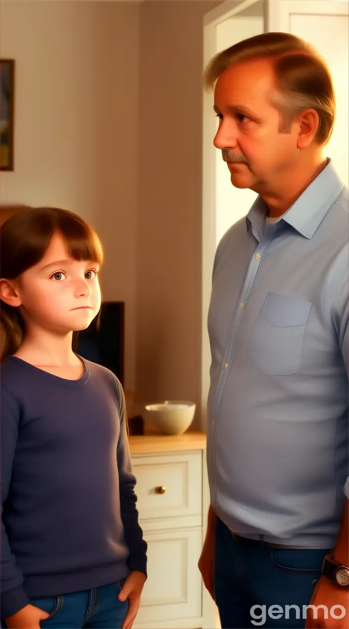 A young girl, about 10 years old, with an innocent but curious expression, is standing in front of her father. The father, who looks confidence, is a younger man in casual clothes. They are standing in a living room with simple furniture. The father is looking at face in mirror eye contact, while the daughter is looking up at him with a questioning look.