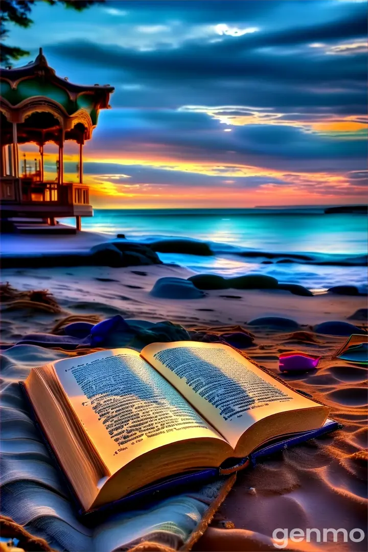 an open book sitting on top of a sandy beach