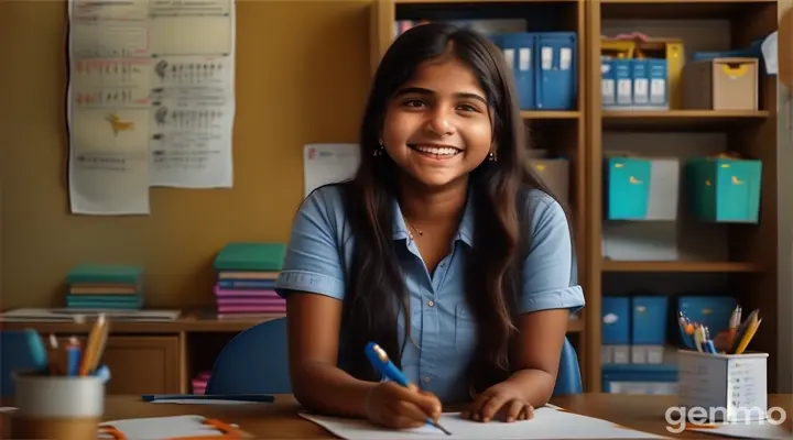 Illustrate Anjali joyfully facing new challenges with determination and enthusiasm. Show her learning, growing, and succeeding, inspiring young people around her. Capture a scene where she’s actively engaged in her work, surrounded by motivated youth looking up to her as a role model.