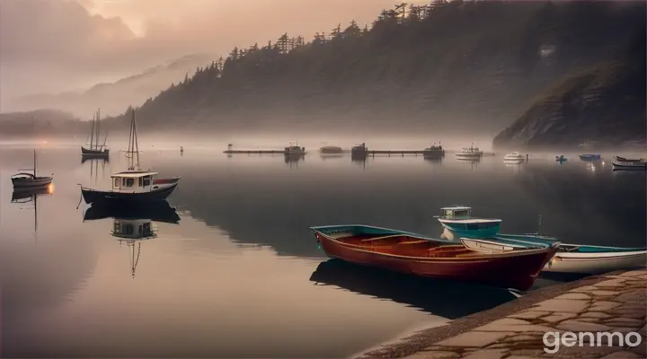 foggy coastal inlet at dawn, with the mist slowly lifting to reveal boats and docks along the shoreline