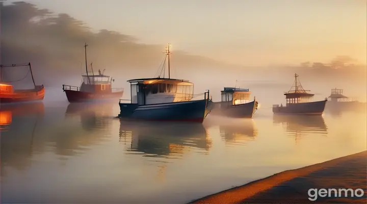 foggy coastal inlet at dawn, with the mist slowly lifting to reveal boats and docks along the shoreline