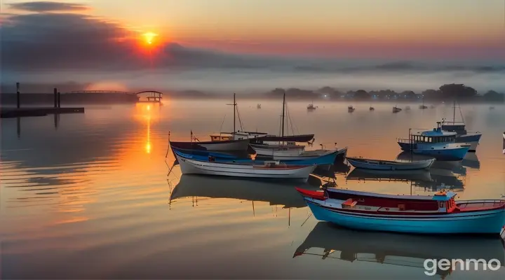 foggy coastal inlet at dawn, with the mist slowly lifting to reveal boats and docks along the shoreline