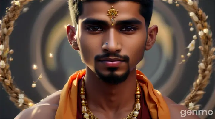Bhrigu, a 19-year-old Hindu monk, Bhrigu's first vision of food as the essence of all beings, with grains, fruits, and nourishment appearing in a radiant vision. hyper real, photo realistic, hyper-detailed, cinematic, in a 16:9 aspect ratio, and in Ultra 8K quality.