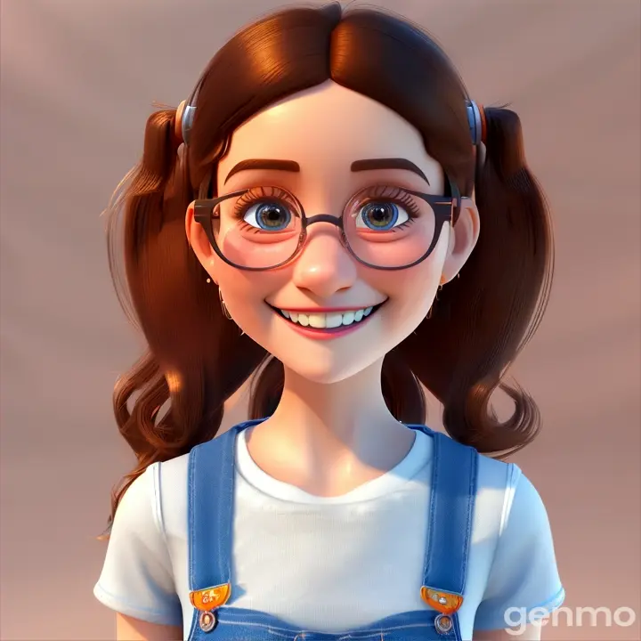 Cute girl wearing dark brown round glasses named Lydia, Pixar style, 3D style, Disney style, 8k, jeans overalls over a white t-shirt, smiling, white background.