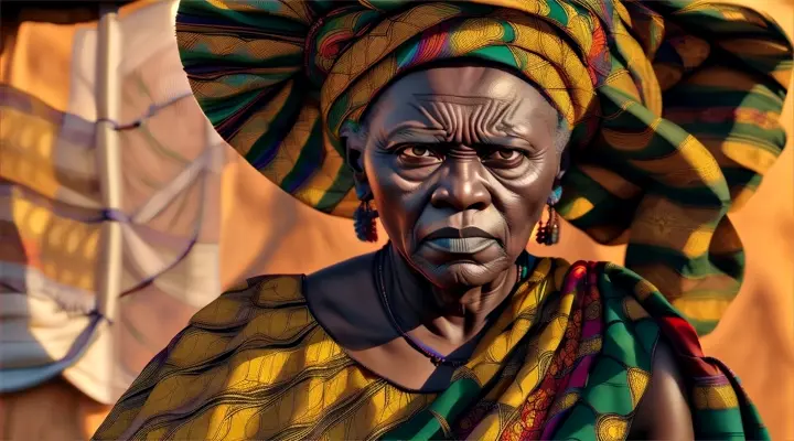 a woman in a colorful headdress and a green scarf