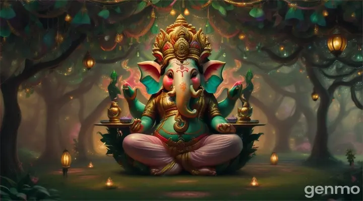 Lord Ganesha gracefully dancing in an enchanted forest, surrounded by twinkling lights and lush greenery.