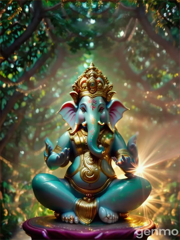 Lord Ganesha gracefully dancing in an enchanted forest, surrounded by twinkling lights and lush greenery.