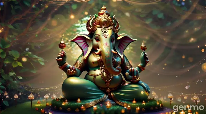 Lord Ganesha gracefully dancing in an enchanted forest, surrounded by twinkling lights and lush greenery.