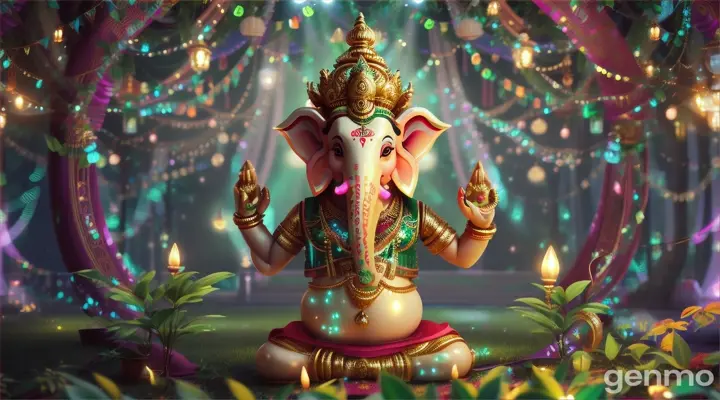 Lord Ganesha gracefully dancing in an enchanted forest, surrounded by twinkling lights and lush greenery.