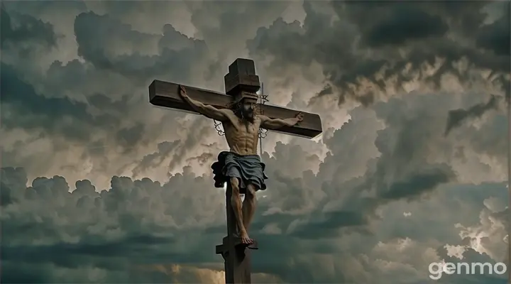 a man on a cross with a sky background