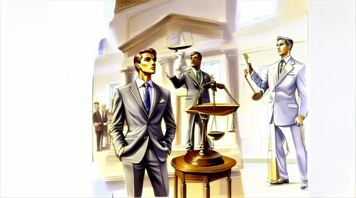 a painting of a man in a suit standing in front of a scale of justice