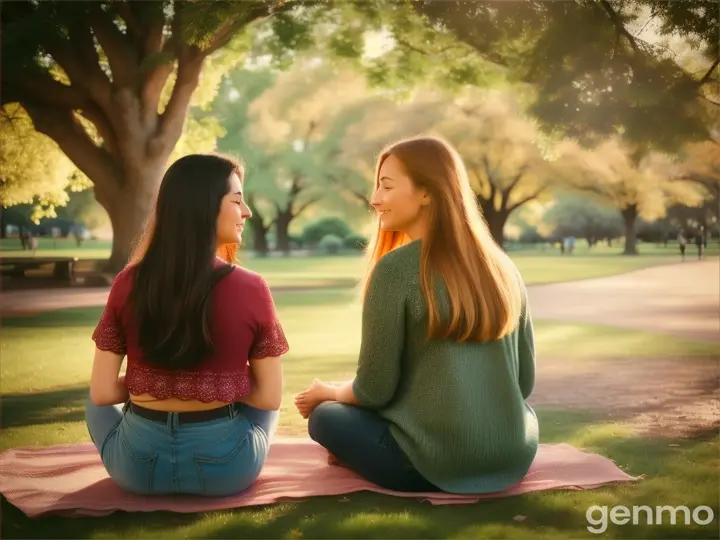 Pooja and Radha sitting under a tree in a park, Pooja showing Radha how to take deep breaths and enjoy the moment, with nature around them.