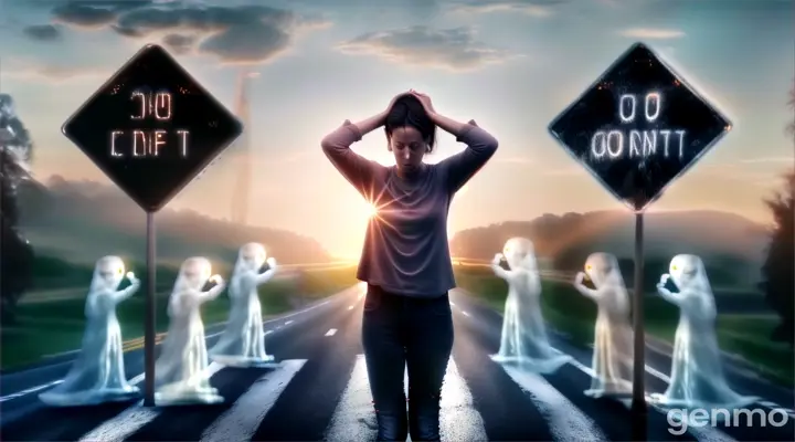 a man standing in the middle of a road surrounded by ghost figures