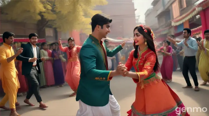 A young couple dancing energetically during a Spring festival in Pakistan, surrounded by floral decorations and colorful lights