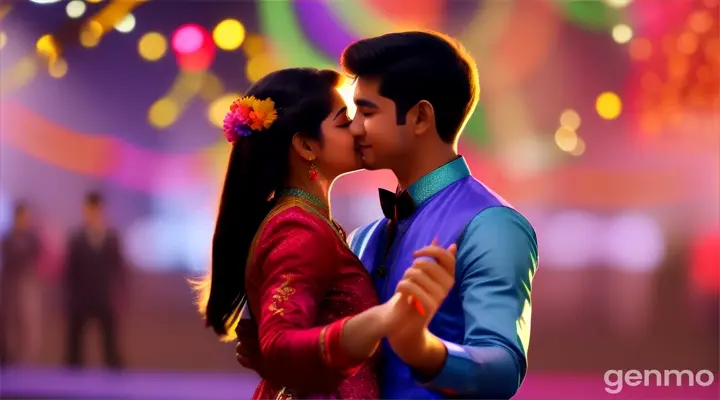 8k shot : A young couple dancing energetically during a Spring festival in Pakistan, surrounded by floral decorations and colorful lights.