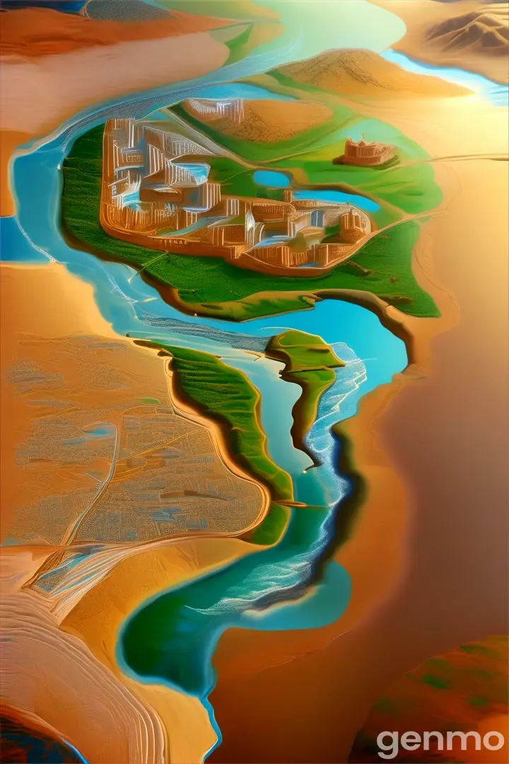 a painting of a desert with a river running through it