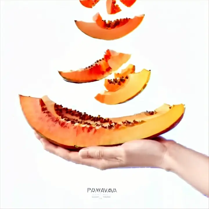 a hand holding a piece of papaya sliced in half