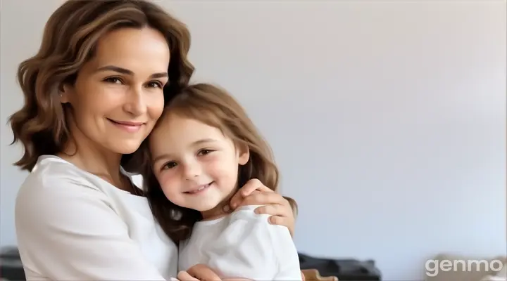 at night, inside the house, a smiling 60 years old woman with shoulder-level wavy Brown Hair holding a 6 years girl in her arms