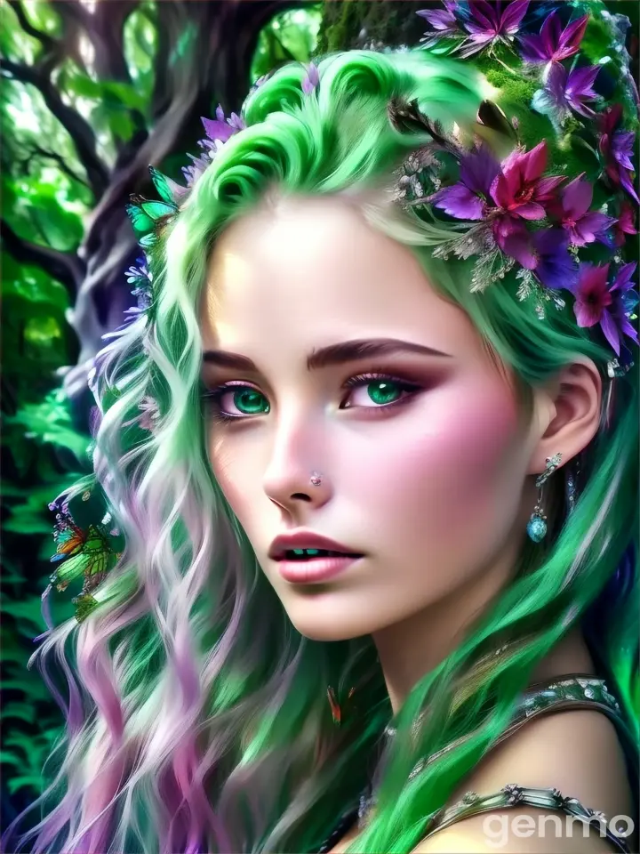 Emerald-haired woman in a mossy glade with monarch butterflies flocking to her nature-themed tiara