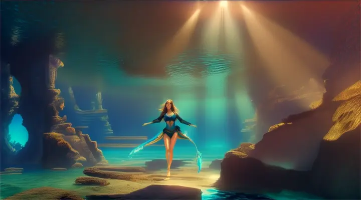 Beautiful woman in a Sunken city discovered under clear blue ocean, beams of light penetrating, digital illustration
