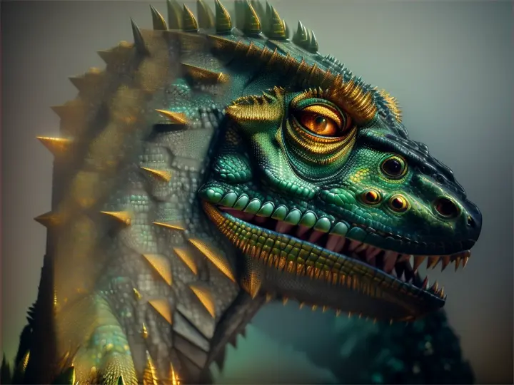 A towering, fierce Kaiju Iguana, exuding power and menace in every scale and spike. This 3D model captures the creature in stunning detail, from its razor-sharp teeth to its thunderous footsteps. The intricately textured skin shimmers with hints of green and gold, while fiery eyes glare with a primal intensity. This digital masterpiece immerses viewers in the world of giant monsters, highlighting the ferocity and majesty of this monstrous reptile