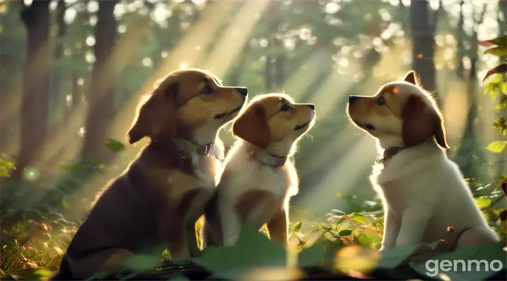 Mid summer morning, sun shines through the leaves in a forest, poetic, cinematic Indie film style, two puppies on top of the building