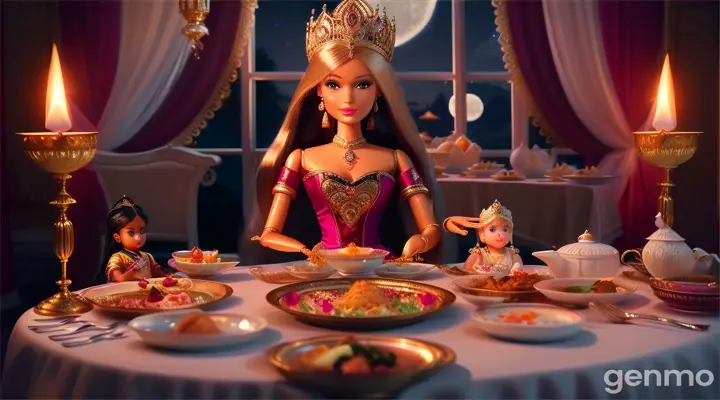 A glamorous baby Barbie feeding in thali to a baby boy plate on a tiny and  in front of a magnificent royal feast, surrounded by traditional royal dishes in front of huge moon