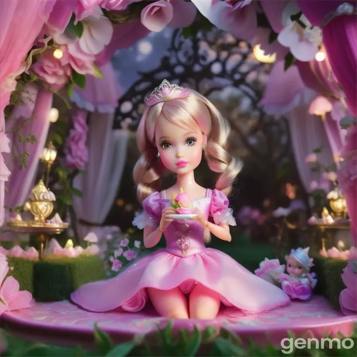 A glamorous baby Barbie in tiny garden eating with moon 