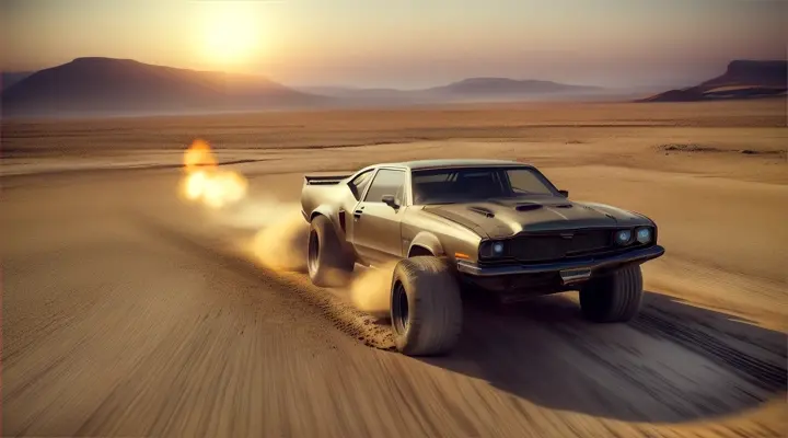  Mad Max vehicle, speed drive, trending on ArtStation, cinematic realism, ethereal moonlight, calm, drone wide view homeSpeed, fast movement, 