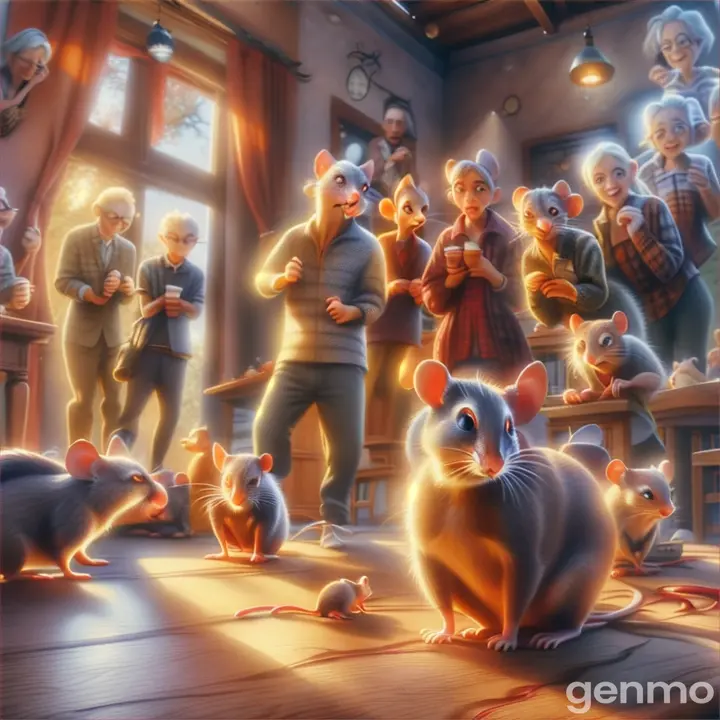 a group of people standing around a group of mice